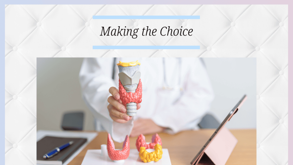A healthcare provider illustrating thyroid anatomy for treatment decision-making.